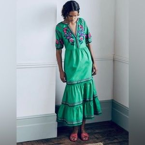 Natalie Embroidered Maxi Dress, Emerald Green Cotton - Boden size 12
